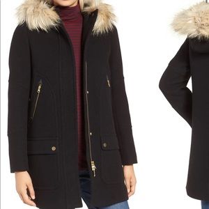 J Crew Wool Coat with Fur Lined Hood
